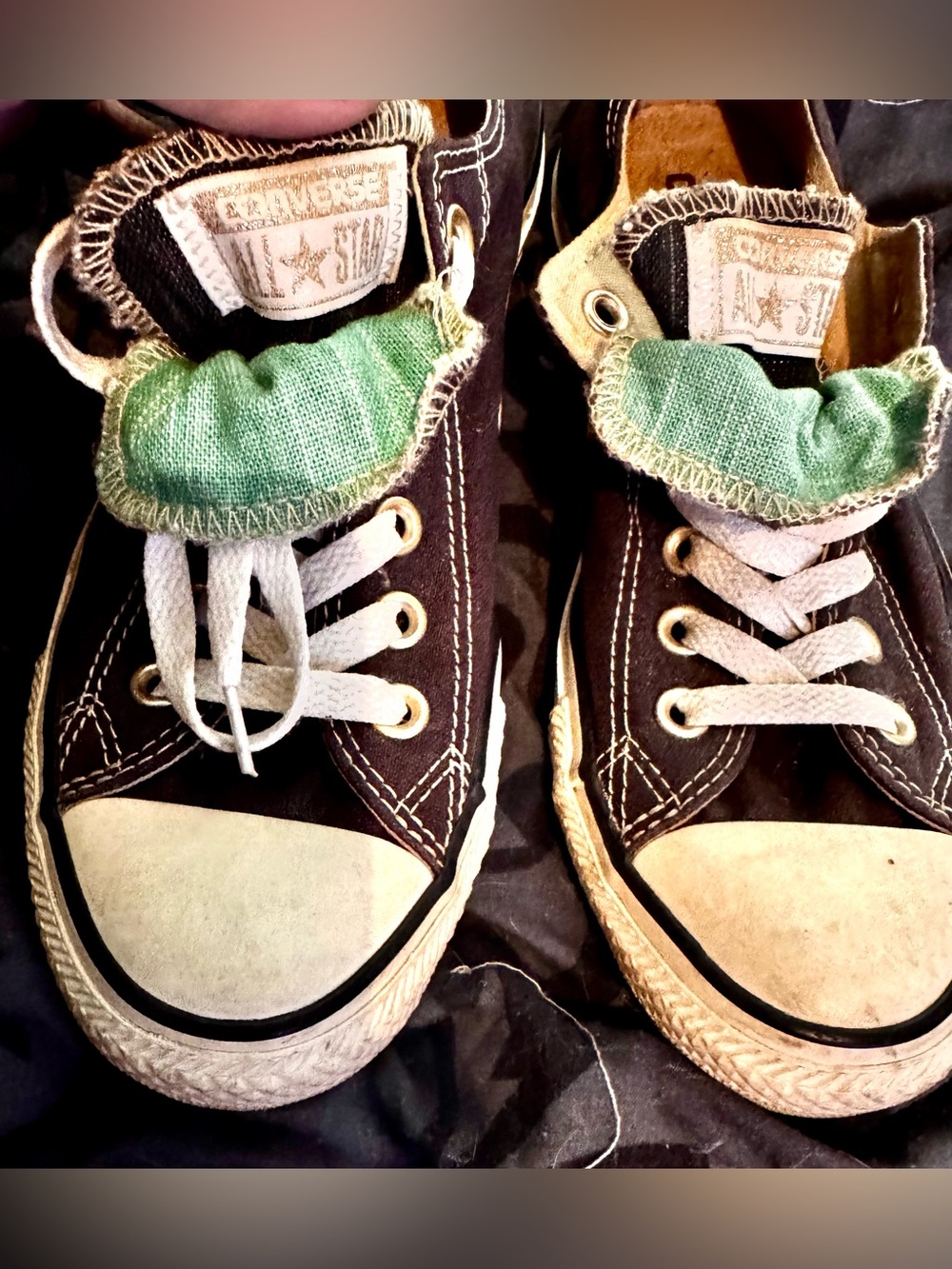 Converse Double Tongue Low All-Star Black with vibrant green secondary tongue W7